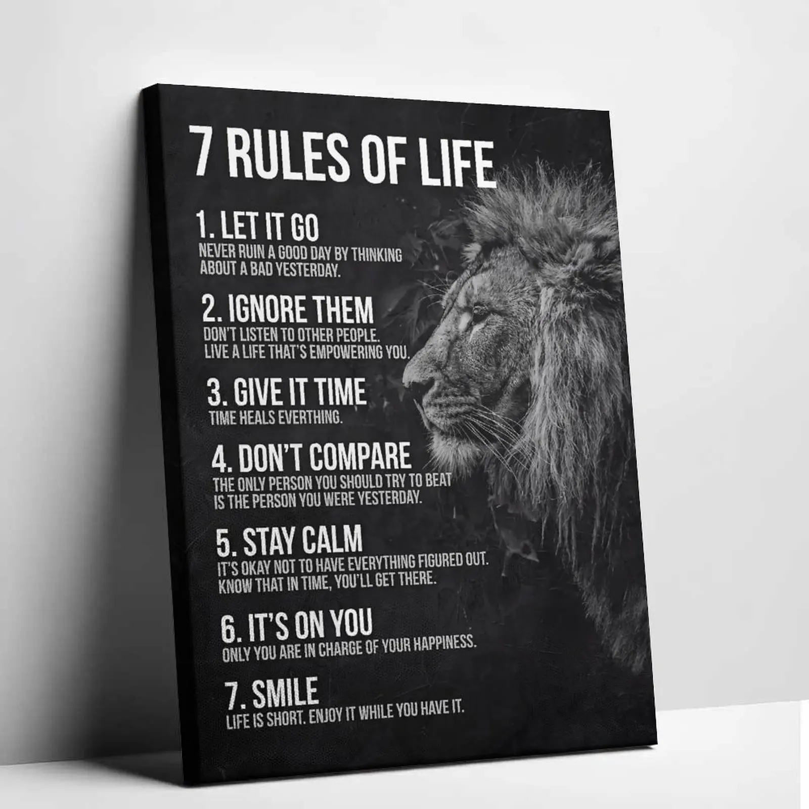 Motivational Lion Canvas Art 7 Rules of Life Poster Unframed Black & White Quotes Wall Decor for Office Gym Mindset