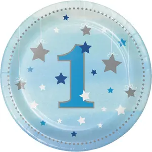 One Little Star Plates - Blue Silver 1st Birthday Plates 8 Pack