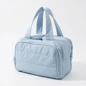 Large Capacity Puffer Makeup Bag for Women, Double Wide Opening Quilted Cosmetic Bag with Handle, Portable Travel Toiletry Bag Makeup Organizer Case for Accessories & Skin Care, Light Blue/Pink