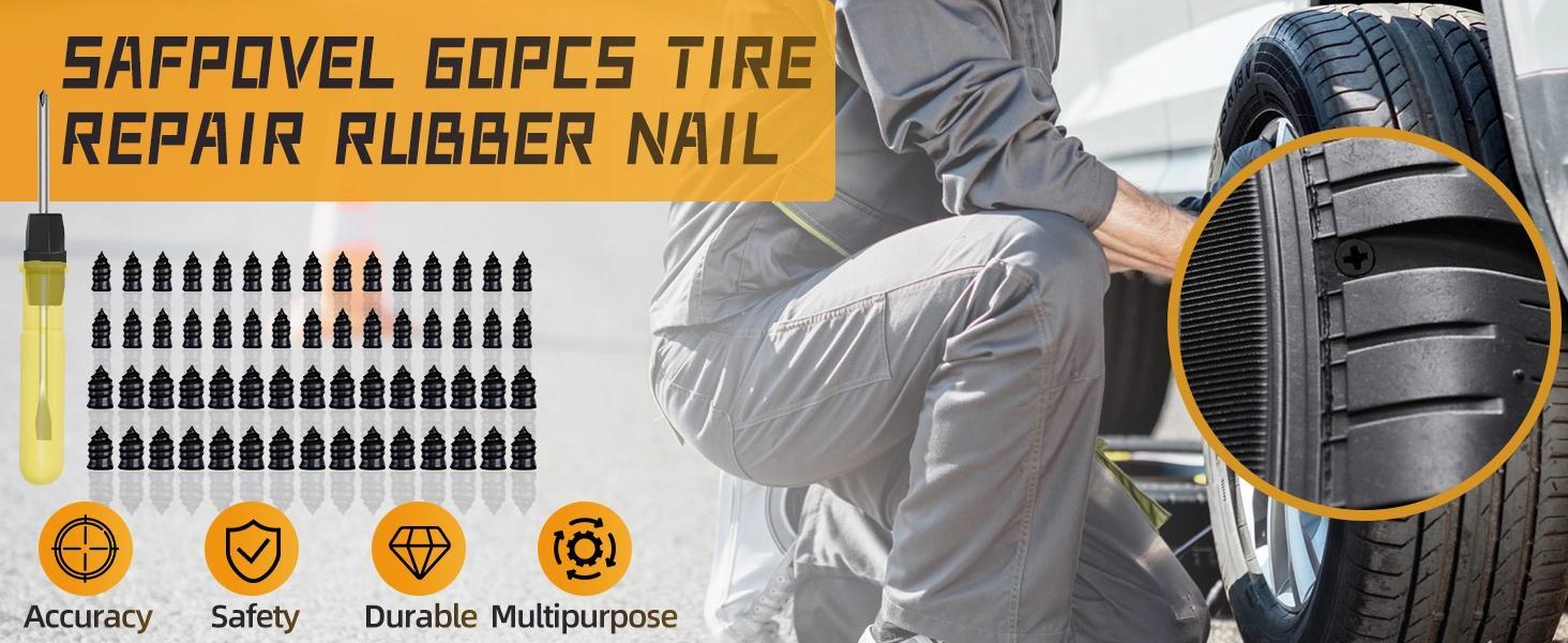 60pcs Tire Plugs Kit, Tire Repair Rubber Nails, Self-Service Vacuum Tyre Screws (30S+30L) Fast Repair Quick Puncture Tools with a Box, Double-Ended Screwdriver, for Car Motorcycle Truck Tractor ATV