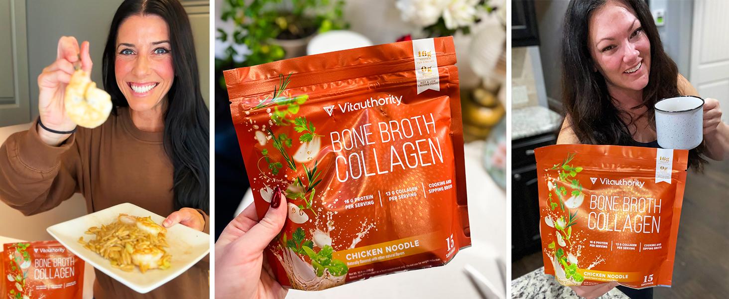 Vitauthority Bone Broth Collagen Supplement Delicious Chicken and Herb Flavored - 16g Protein & Types I II III - Nourishes Skin Hair Nails Joints Gut - Easy Preparation High Performance - 15 Servings - Fitness
