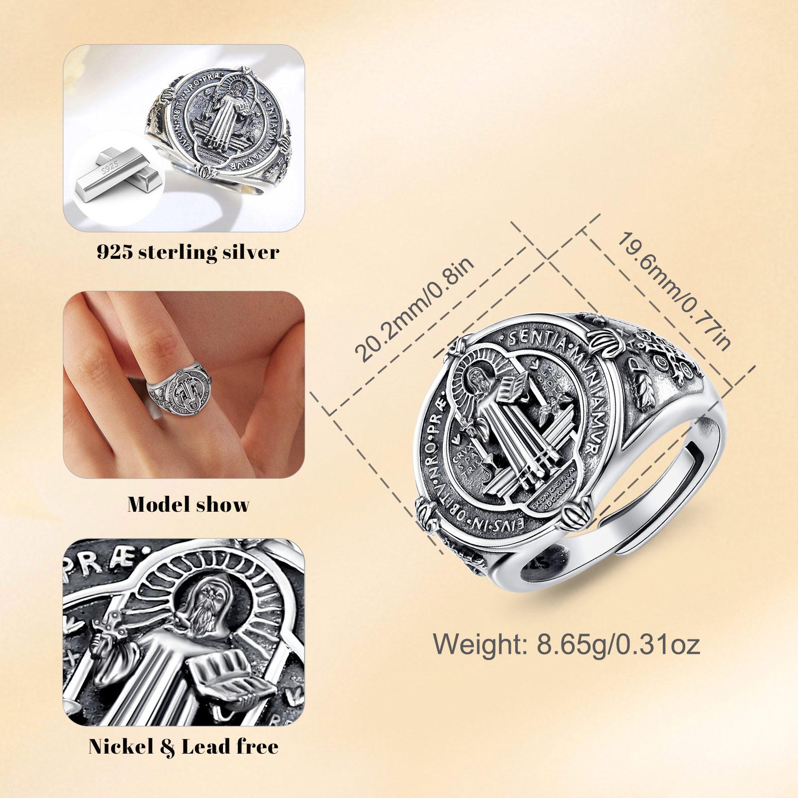 Eudora S925 Sliver Vintage Saint Benedict Ring, Adjustable St.Benedict Open Ring, Unisex Band with Benedictine Cross & Latin Inscriptions, Christian Jewelry Gift
