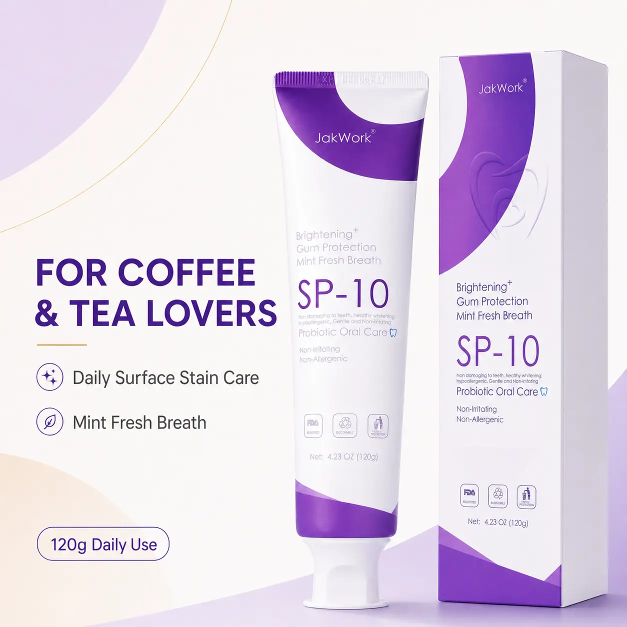 SP-10 Probiotic Whitening Toothpaste for Coffee & Tea Drinkers, Fluoride-Free Fresh Mint, Helps Clean Surface Stains, 120g formula