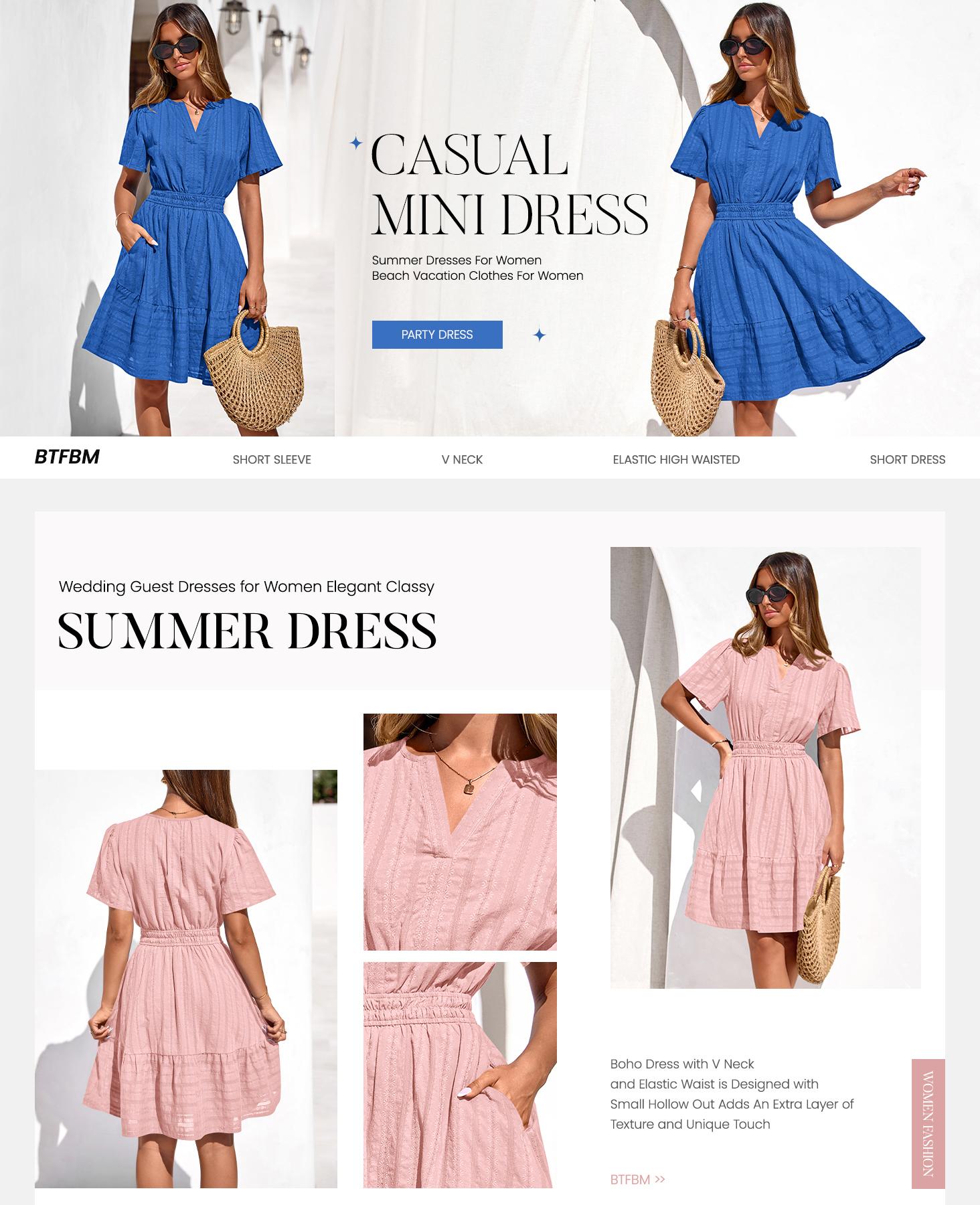 BTFBM Womens Spring 2026 Casual Mini Dresses Lightweight Short Sleeve V Neck Elastic Waist Cute Boho Beach Dress Pockets