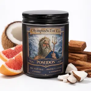Poseidon Themed OlympusScent Co. All-Natural Essential Oil Infused Candle With Sweet Grapefruit, Calming Sandalwood, and Summertime Coconut