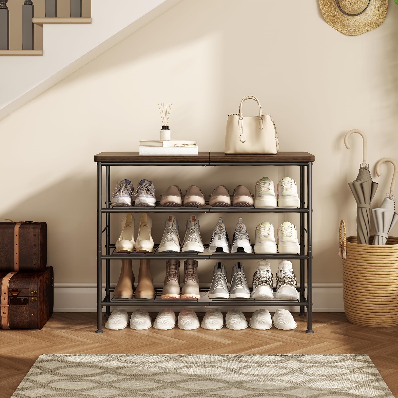 dealsforyoudays Shoe Rack 4 Tier 5 Tier 6 Tier Organizer for Closet Entryway Free Standing Metal Storage Shoe Shelf with MDF Top Board