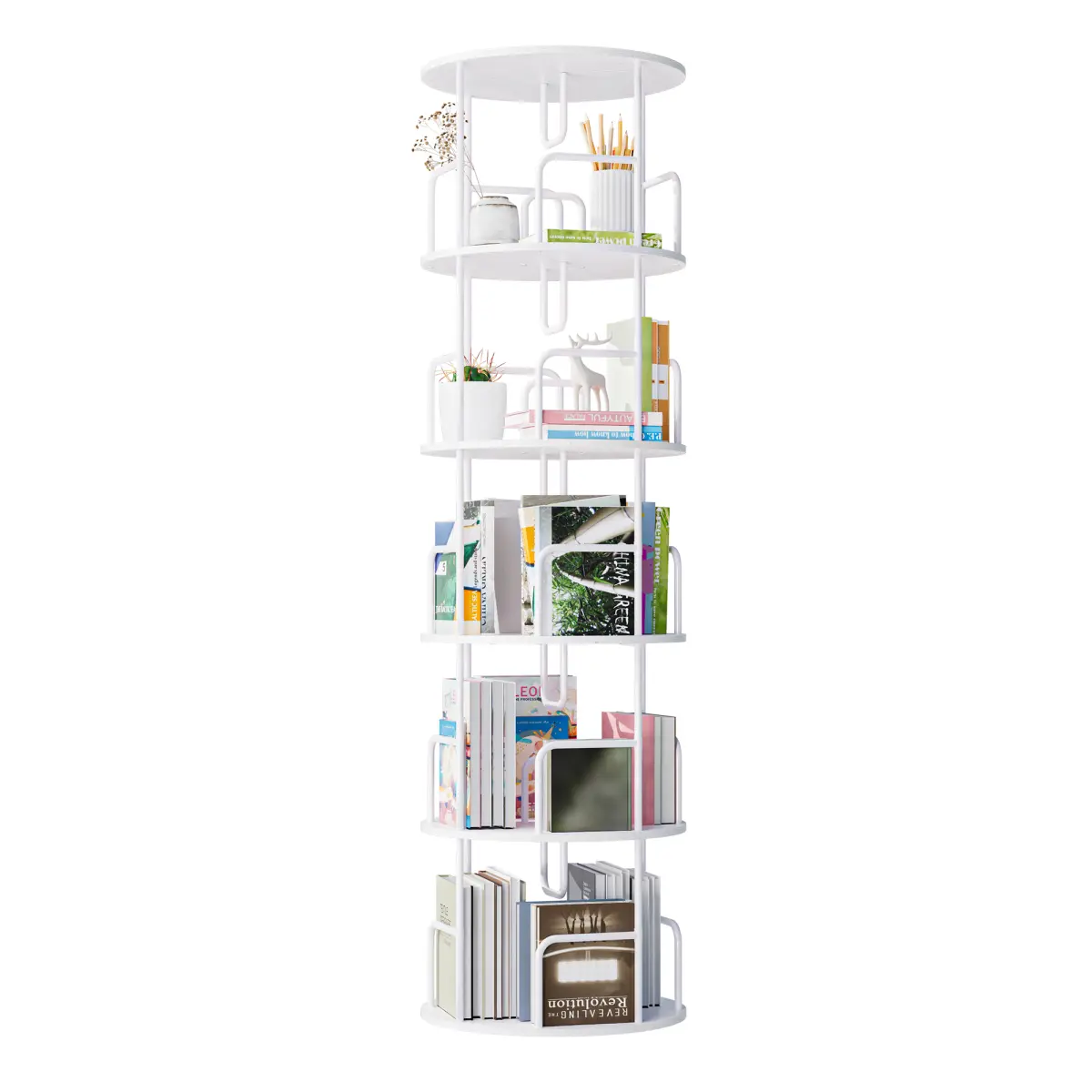 5-Tier 360° Rotating Bookshelf Tower - Narrow Tall Vertical Round Home Office Furniture, Space-Saving Freestanding Organizing Floor Rack for Bedroom, Living Room Corner Room Decor