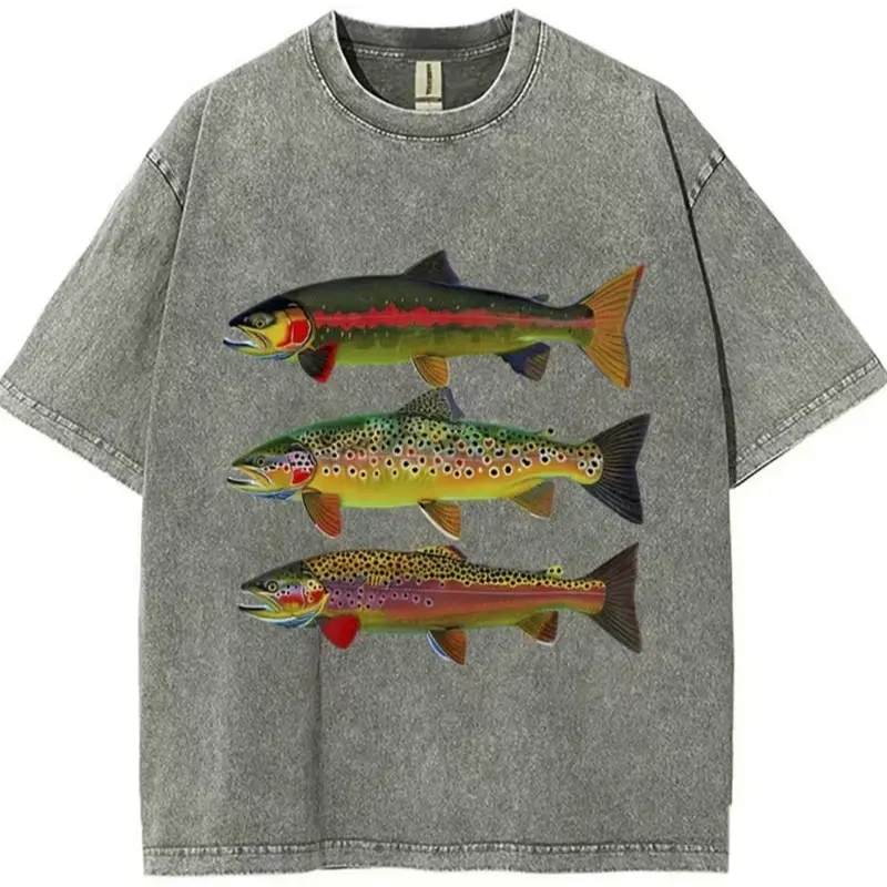 Vintage Three Trout Fish Graphic Acid Wash 100% Cotton Oversized Short Sleeve T-Shirt, Outdoor Fishing Nature Wildlife Casual Tee, Angler Fisherman Gift For Men Women