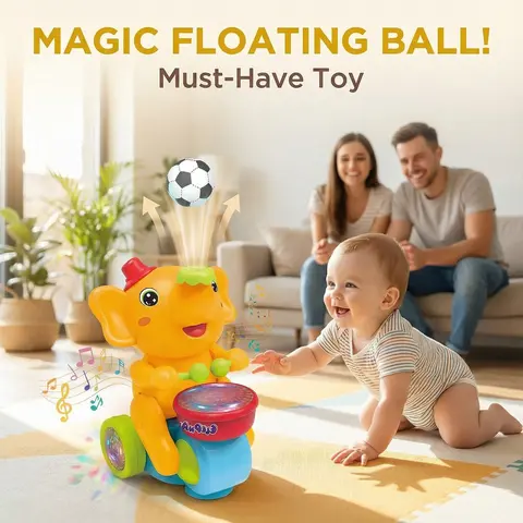 Interactive Drumming Elephant Ride-On Toy with Air Floating Ball, Music & Flashing Lights, Includes 2 Foam Balls, Perfect Gift for Kids