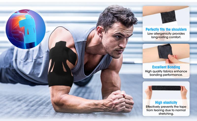 10 Count Kinesiology Tape for Shoulder Pain Relief Pre Cut Sports Waterproof Breathable Enhance Elastic Kinesiology Athletic Tape for Shoulder Support and Muscle Baseball Sports(Black)