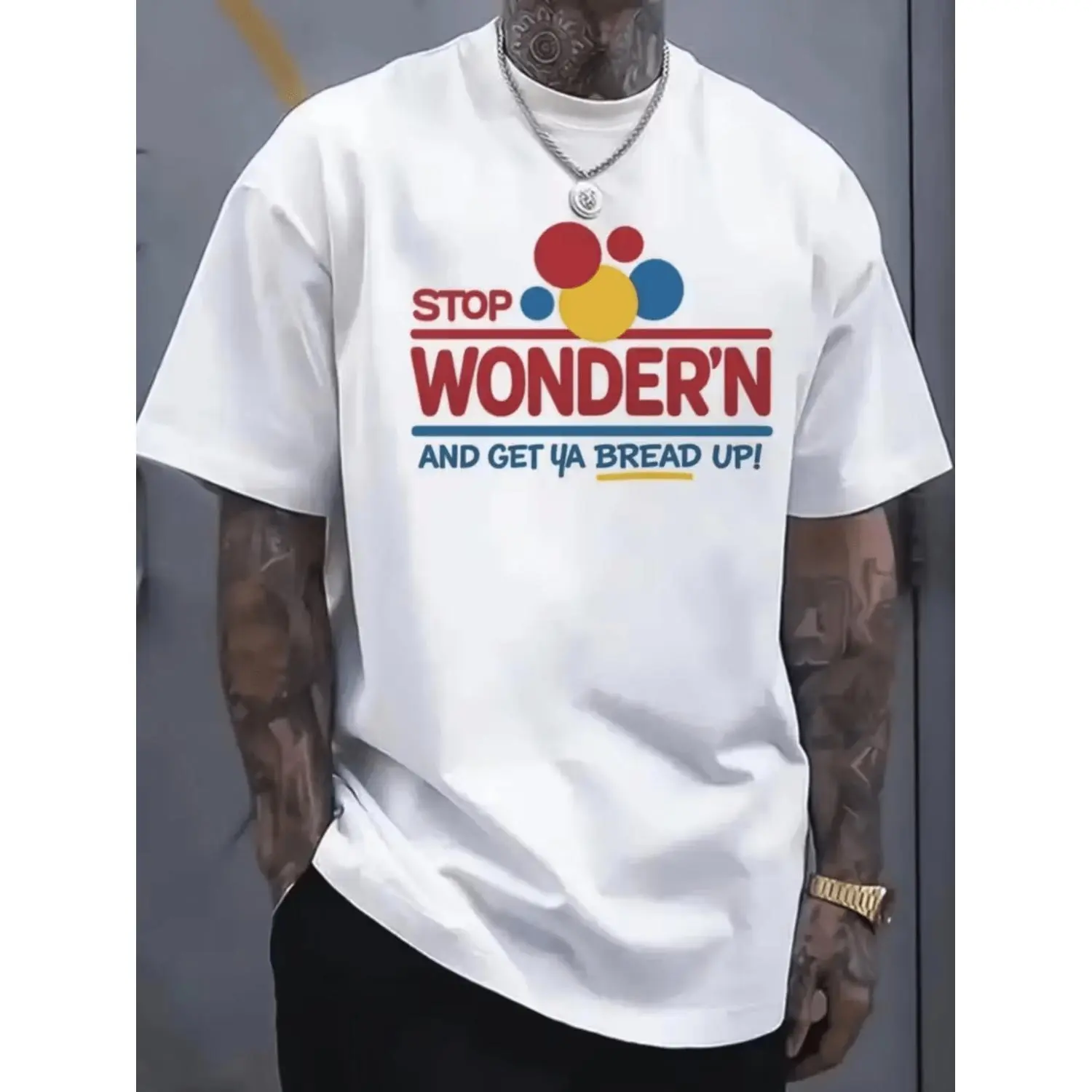 Humorous Mens Graphic TShirt Featuring Stop Wondering Get Your Bread Up Motif with Smiling Bread Slice Illustration