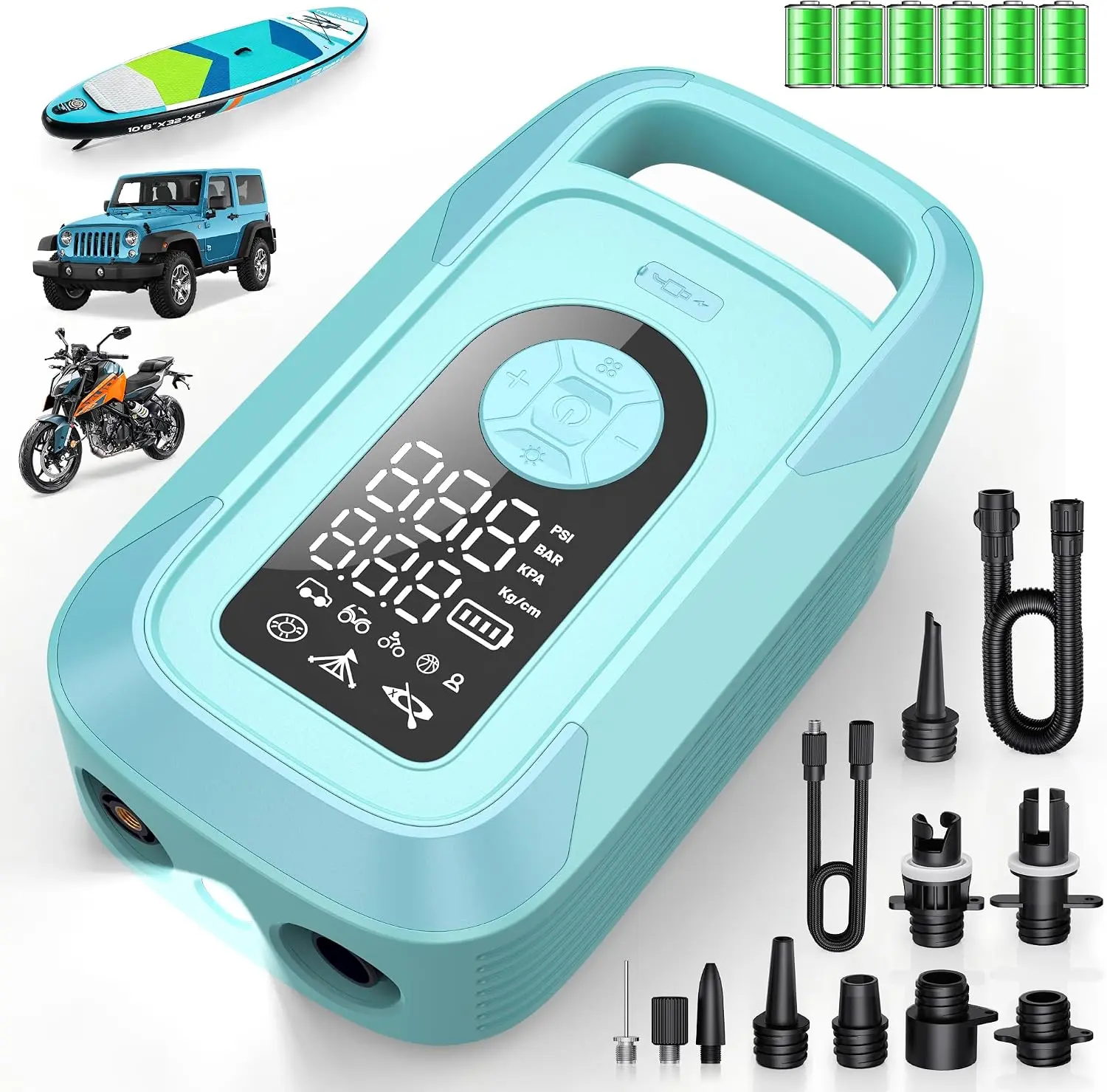 Trisomy 150PSI Compact Portable Electric SUP Air Pump, Fast Inflate Cordless Paddle Board Pump with Auto Shut-Off, Triple-Stage Motor, Lights, 10400mAh Battery, 7 Nozzles for Beach, Camping Adventures, Portability Focus
