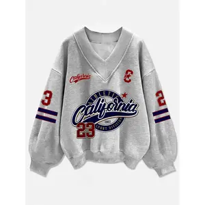 Women's V Neck Light Pullover Sweatshirt, Graphic, Simple Youthful Comfort, Casual Fashion, Street Style, Long Sleeve, Fall & Winter