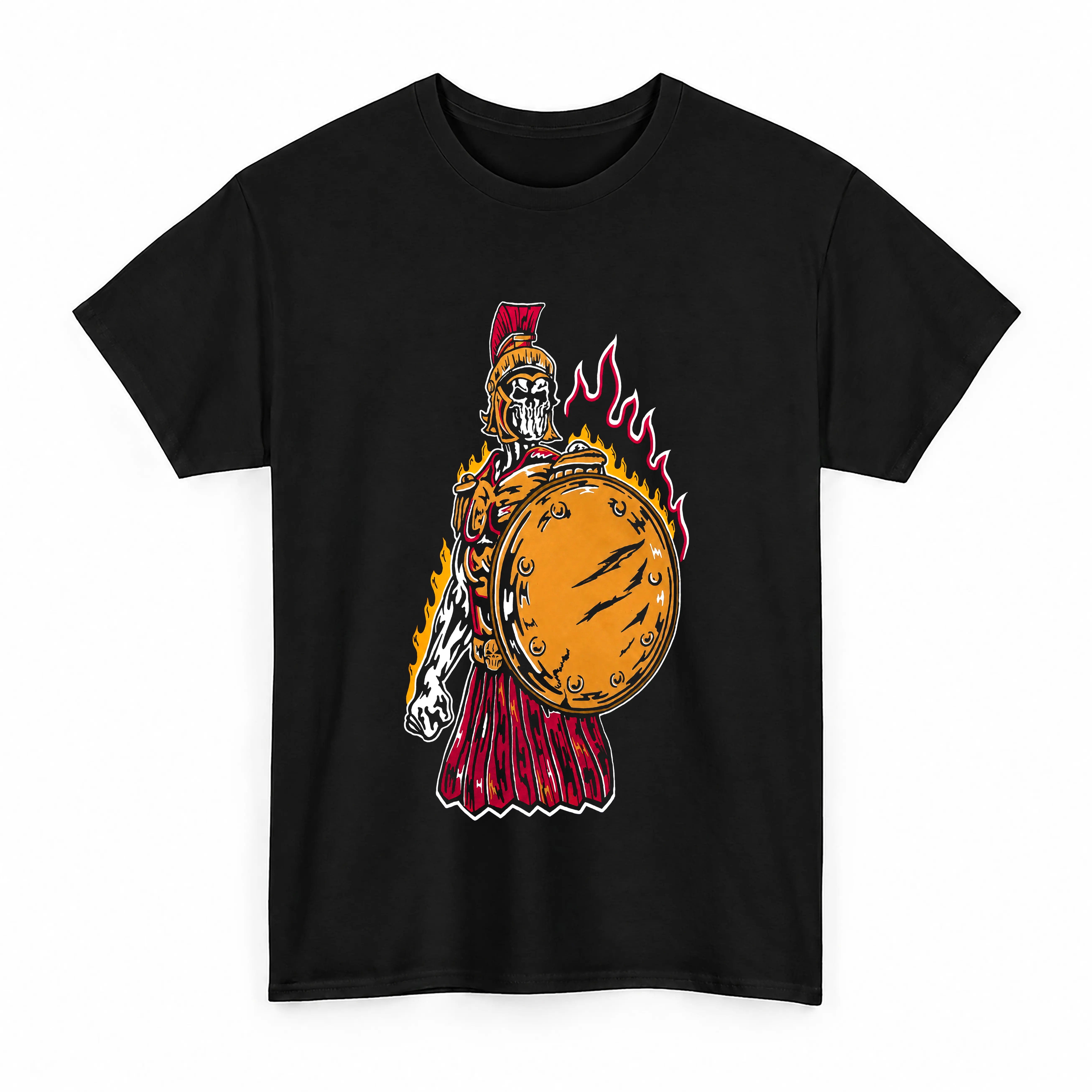 Spartan Warrior Skeleton T-Shirt Vintage Roman Gladiator Graphic Tee Fire Shield Ancient Warrior Shirt