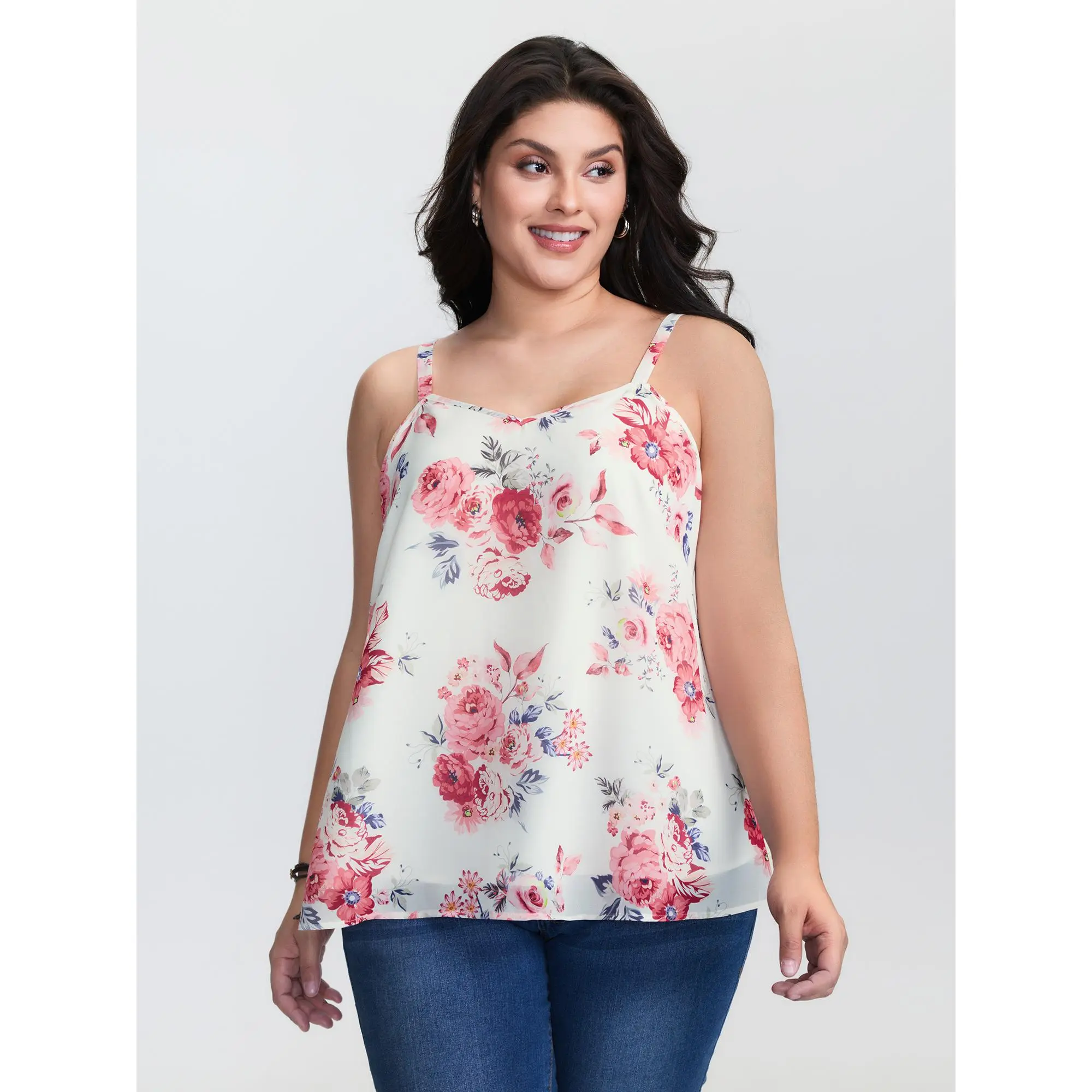【Arm Freedom】BLOOMCHIC Plus Floral Print Shirred Cinched-Waist Tank Top Summerfinds Fit Fabric Polyester Womenswear Garment,Summerfinds