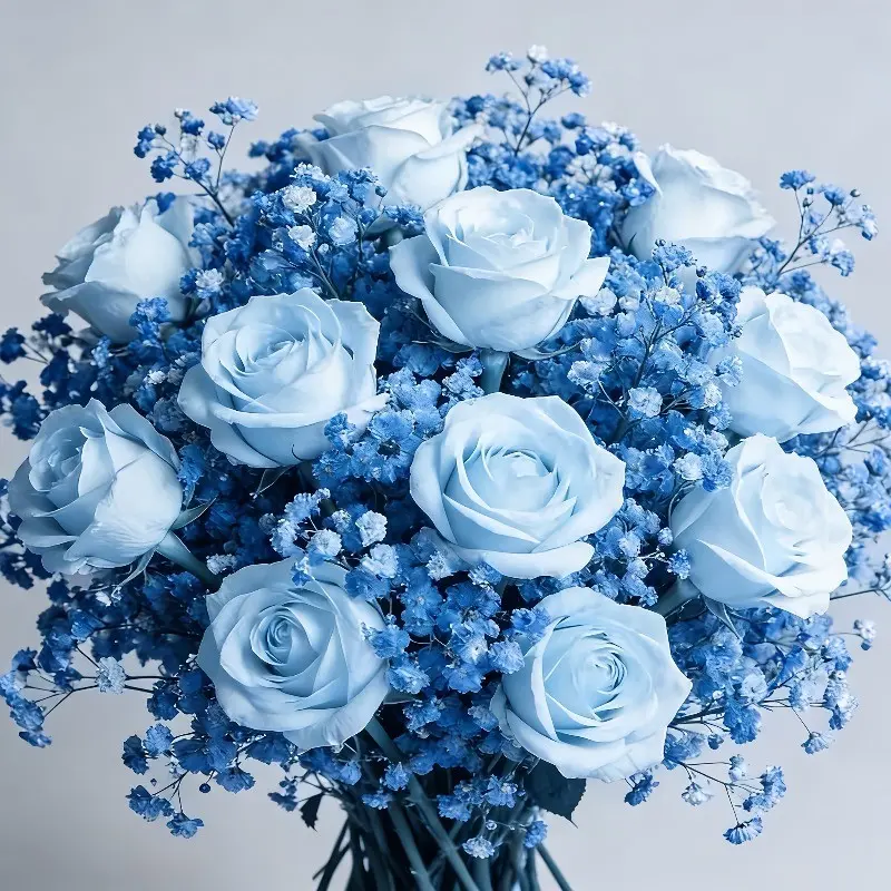 26 Blue Roses & Baby's Breath Bouquet, Lifelike Faux Plastic Flowers, Artificial Flowers Bouquet, Perfect for Graduation, Valentine's Day, Birthday, Home Decor, Gift for Adults & Couples