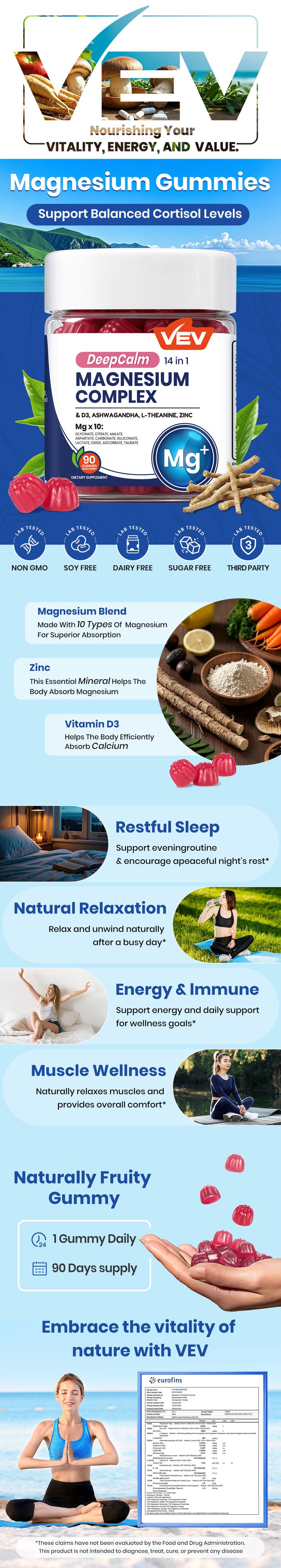 VEV 14-in-1 Magnesium– with Ashwagandha, L-Theanine, Vitamin D3 & Zinc, 90  Gummies