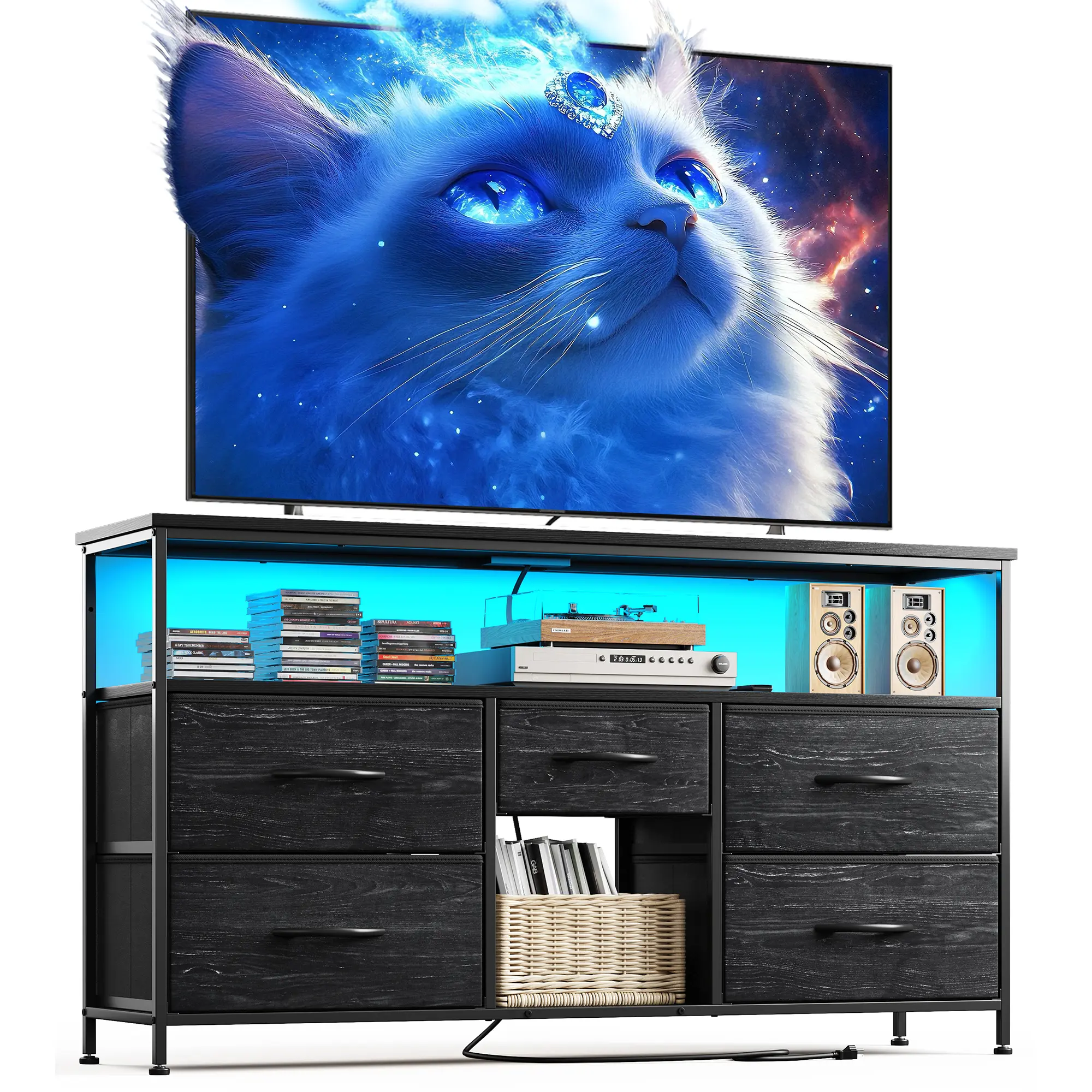 【Storage  LED TV Stand】 Raybee 5 Drawers Dresser & TV Stand for Living Room,Dresser for Bedroom Chest of 5 Drawers Cabinet TV Stand with LED Lights Entertainment Table with Built-in Power Outlets USB Ports for Hallway,43''W × 12''D × 31‘’H