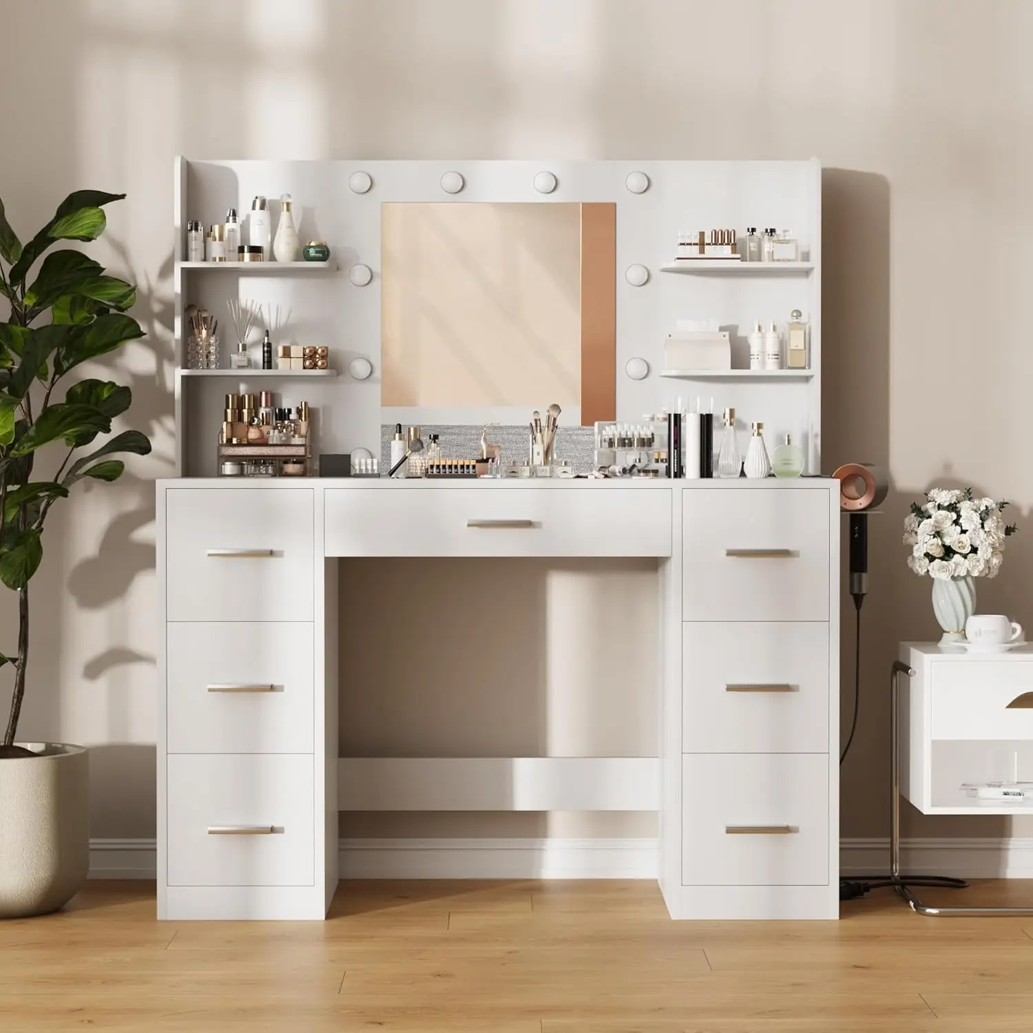 Furmax Lighted Vanity Desk with Hollywood Mirror & Power Outlet, Makeup Vanity Desk with 7 Drawers & 6 Shelves, Modern Dressing Table ,Space-saving for Bedroom, Cloakroom & Dorm, Graduation Gift, White