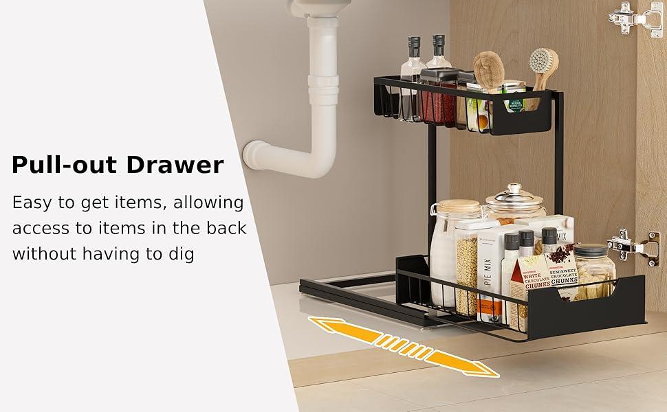 Under Sink Organizer L-Shape 2-LayerMetal Slide-Out Storage Rack Cabinet SnackDrawer kitchen organizer Spice rack DormitoryDining Room Bathroom Organizing AccessoriesMother's Gift.