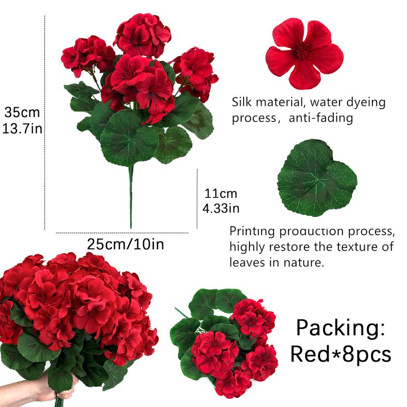 8 bundles of outdoor artificial geraniums, artificial plant UV resistant plastic flowers, used for indoor, outdoor, courtyard, hanging flower pots, porch, window home decoration (8, red)