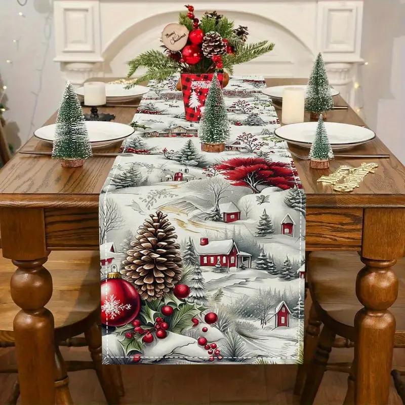 1pc Christmas Table Runner - Snowy Pine Tree & Red House Berry Design Durable Polyester Holiday Decor for Kitchen Dining Room Party Festive Winter Scene with Snowflakes & Pine Cones Christmas Table Decorations Christmas Decorations for Home
