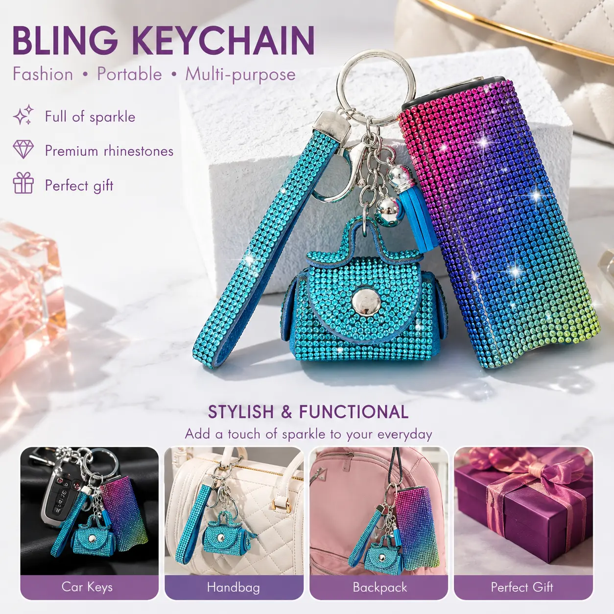 Bling Keychain Set - Pu Leather Glittery Rhinestone Cover Keychains for Women, Hanging Multi-Use Home Decor Accessory for Key Organization， soft decoration