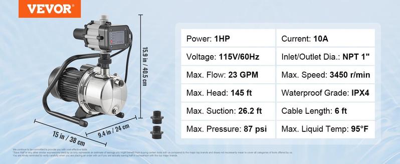 VEVOR Shallow Well Pump with Automatic Controller, TikTokShopBlackFriday, 1HP 115V, 1200 GPH 164 ft Head, Max 87 psi, Portable Stainless Steel Sprinkler Booster Jet Pumps for Garden Lawn Irrigation system, Water Transfer