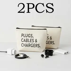 2PCS Aesthetic Linen Tech Organizer Bag - Portable Travel Cord & Charger Pouch, Minimalist Electronic Accessories Storage for Cables, Power Bank & Earbuds