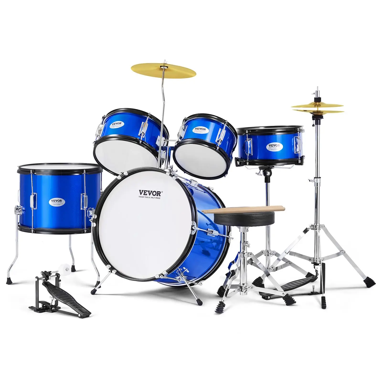 【Summerfinds】VEVOR Kids Drum Set,  5-Piece, 16 in Beginner Full Drum Set with Bass Toms Snare Floor Drum Adjustable Throne Cymbal Hi-Hat Pedal and Two Pairs of Drumsticks, Starter Drum Kit for Child Kids, Blue