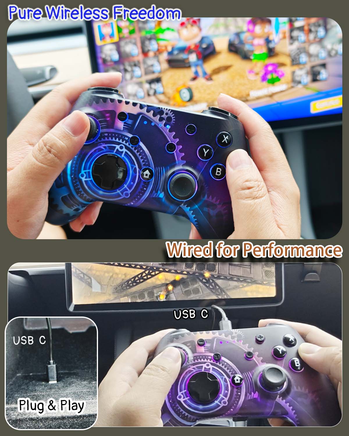 Dynamic RGB Lighting Universal Bluetooth Wireless & Wired Gaming Controller with Phone Holder for Switch iOS Android PC TV Tesla Steam