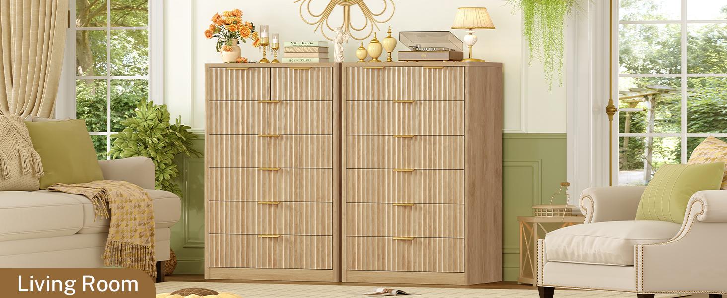 Modern Wooden  Fluted Dresser with 9 Drawers 53'' Wide Farmhouse Dressers with Faux Marble Top Wood Chests of Drawers with Gold Handle & Curved Profile Dresser for Bedroom  Cupboard