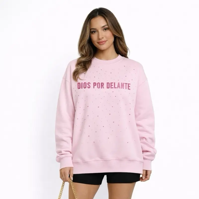 Dios Por Delante - Pink Crewneck Sweatshirt Rhinestones - Embroidered