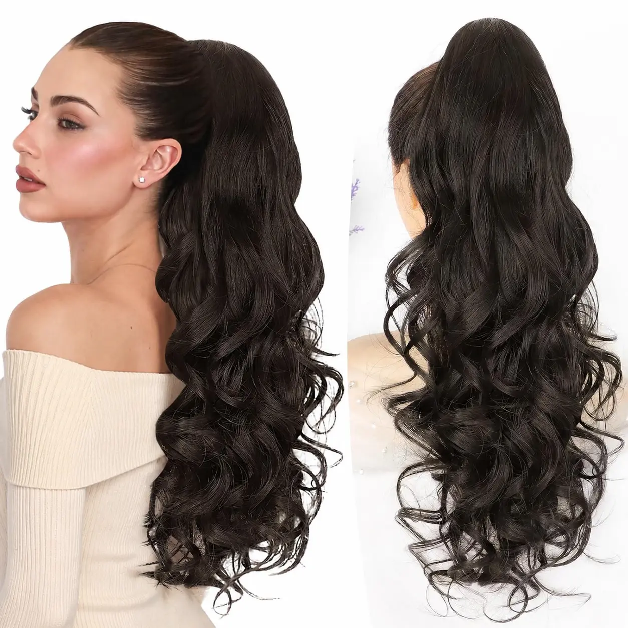 Ponytail Extension 24 Inch Claw Clip in Long Curly Wavy Black Brown glueless Ponytail Hair Extension Jaw Clip on Pony Tails Hairpiece for Women, Curly Clip Ins, Deep Curly Ponytail