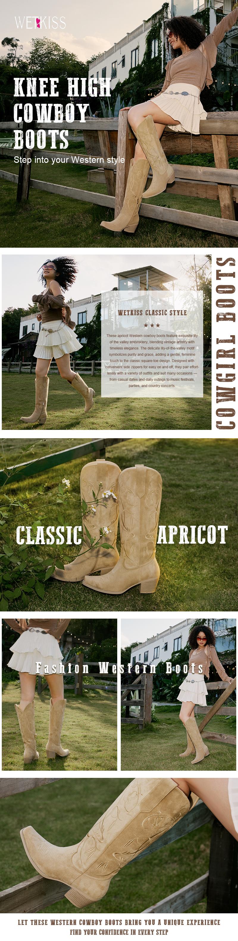 Wetkiss Women Knee High Western Cowboy Boots Exquisite Lily-of-the-Valley Embroidered Chunky Heel Casual Walking Shoes ,Women's Shoes,Women's Boots  #TikTokShopSpringGlowUp #greenish