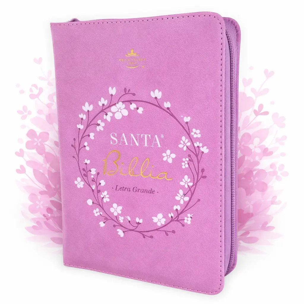 Biblia para Mujer con Cierre Portatil Letra Grande 12 puntos RV1960 imit piel rosa oscuro y flores blancas con indice y canto floral