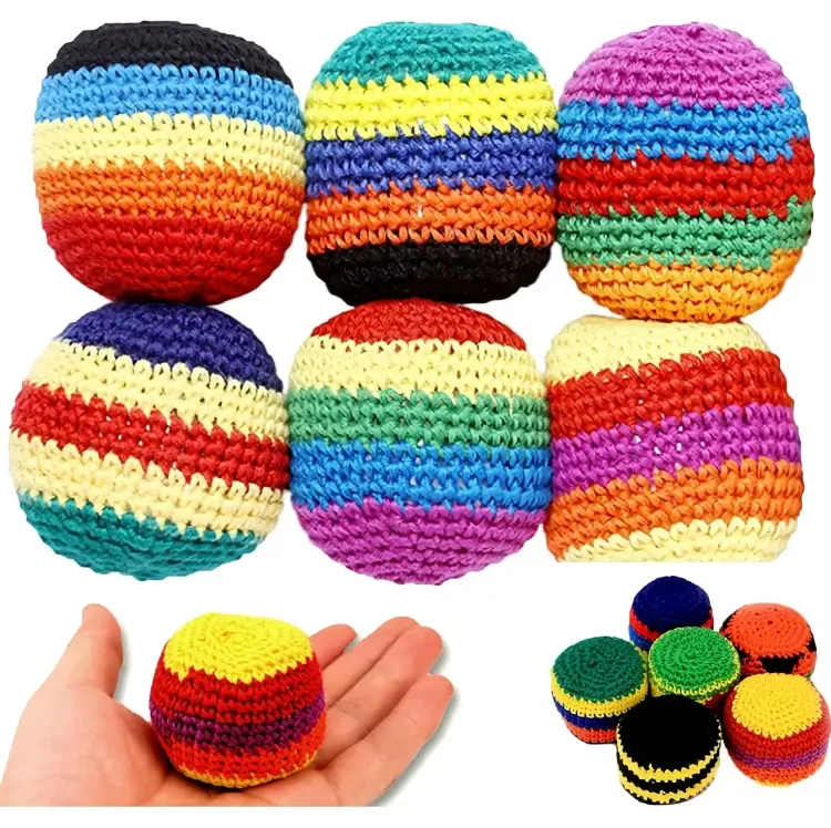 90s Retro Stripe Cotton Yarn Crochet Fidget Ball - Unisex Adult Fray-Resist Stitch Stress Relief Tool, Soft Smooth Composite Pellet, Bright Portable Kick Sack, Pocket-Sized Sensory Stress Reliever, Easy Toss & Juggle Toy