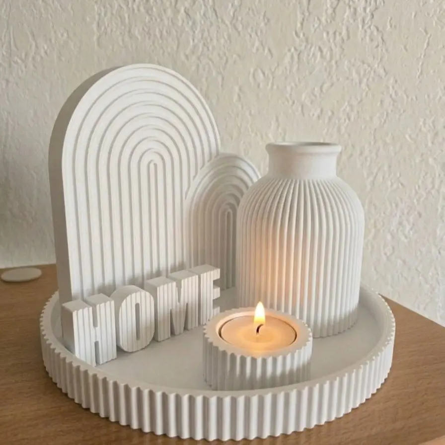 Aesthetic Boho "HOME" Decor Set | Ribbed Tray, Vase & Candle Holder