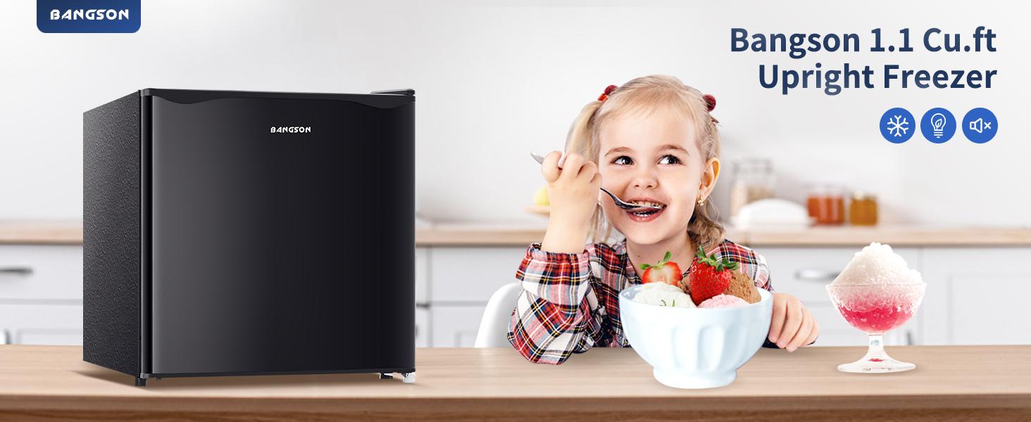 BANGSON 1.1 Cu.Ft Small Upright Freezer, Single Door Mini Freestanding Freezer, Adjustable Leveling Feet, Reversible Door, Adjustable Thermostat, Energy-Efficient & Quiet, Compact Design, for Apartment/Dorm/Kitchen, Black & Silver Portable Refrigerator Ho