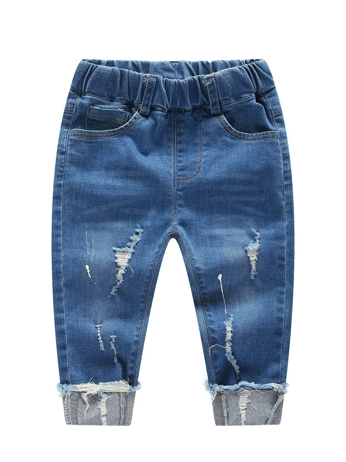 Kidscool Space Toddler Boys Girls Ripped Denim Jeans  Distressed Elastic Waist Cuffed Pants 12M-5T, Cotton Jeans, Jeans Bottom