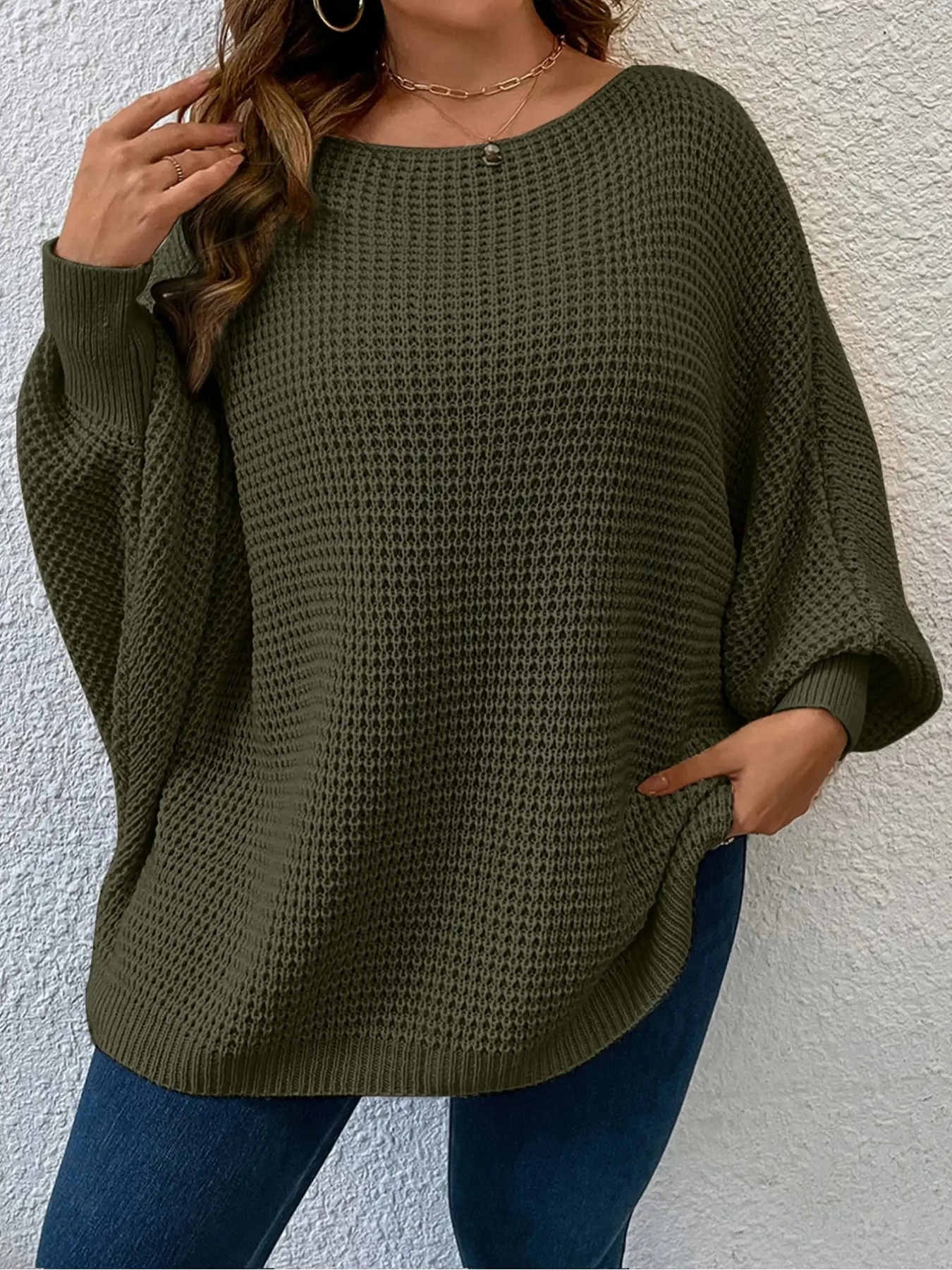 Lune Plus Size Oversized Fit Batwing Long Sleeve Pullover Sweater, Comfortable Thick Warm Knitwear for Women, Fashionable Winter Trendy Aesthetic Sweater, Womenswear, Tops