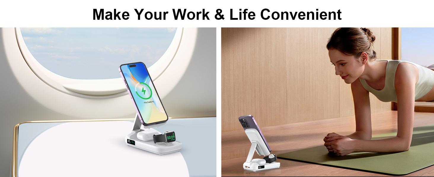3-in-1 Foldable Wireless Power Bank, 10000mAh Magnetic Power Bank with Adjustable Phone Stand, Fast Charger, Portable Wireless Charger with Digital Display for iPhone 17 / 16 / 15 / 14 / 13 / 12 Series & Earbuds & Apple Watch mothersdaygift