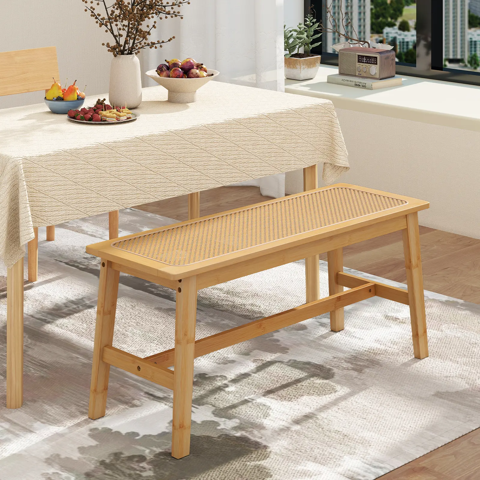 COSTWAY - 39.5 Inch Bamboo Dining Bench with Handwoven Rattan Seat for Indoor Outdoor-Natural