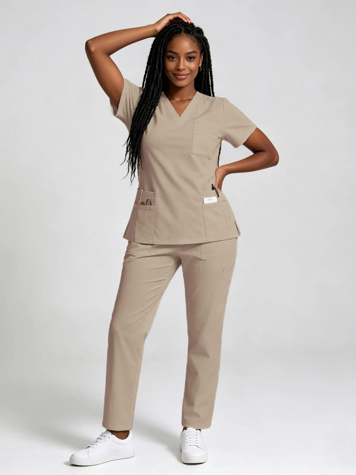 Women's Stretch Short Sleeve Jogger Scrubs Set, Smooth Quick-Drying Workwear Uniform with Multiple Pockets, Breathable and Wrinkle-Resistant