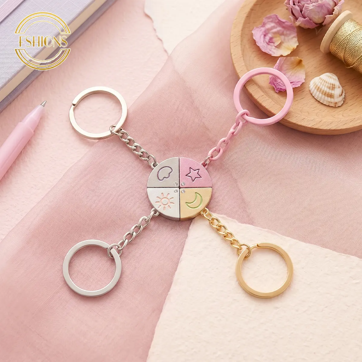 Fashion Magnetic Keychain 4-Piece Set, Colorful Sun-Moon-Star-Cloud Puzzle Matching Keychains, Friendship Theme Gift for Couples