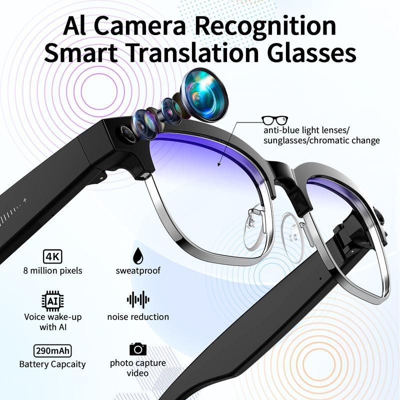 Smart AI Camera Glasses with 8MP Photochromic Lenses ,Button Touch Adjustment for Travel Outdoor Adventures Hands-Free Photography 160+Languages Real-Time Translation Bluetooth Wireless Wearable Video Recording UV Protection