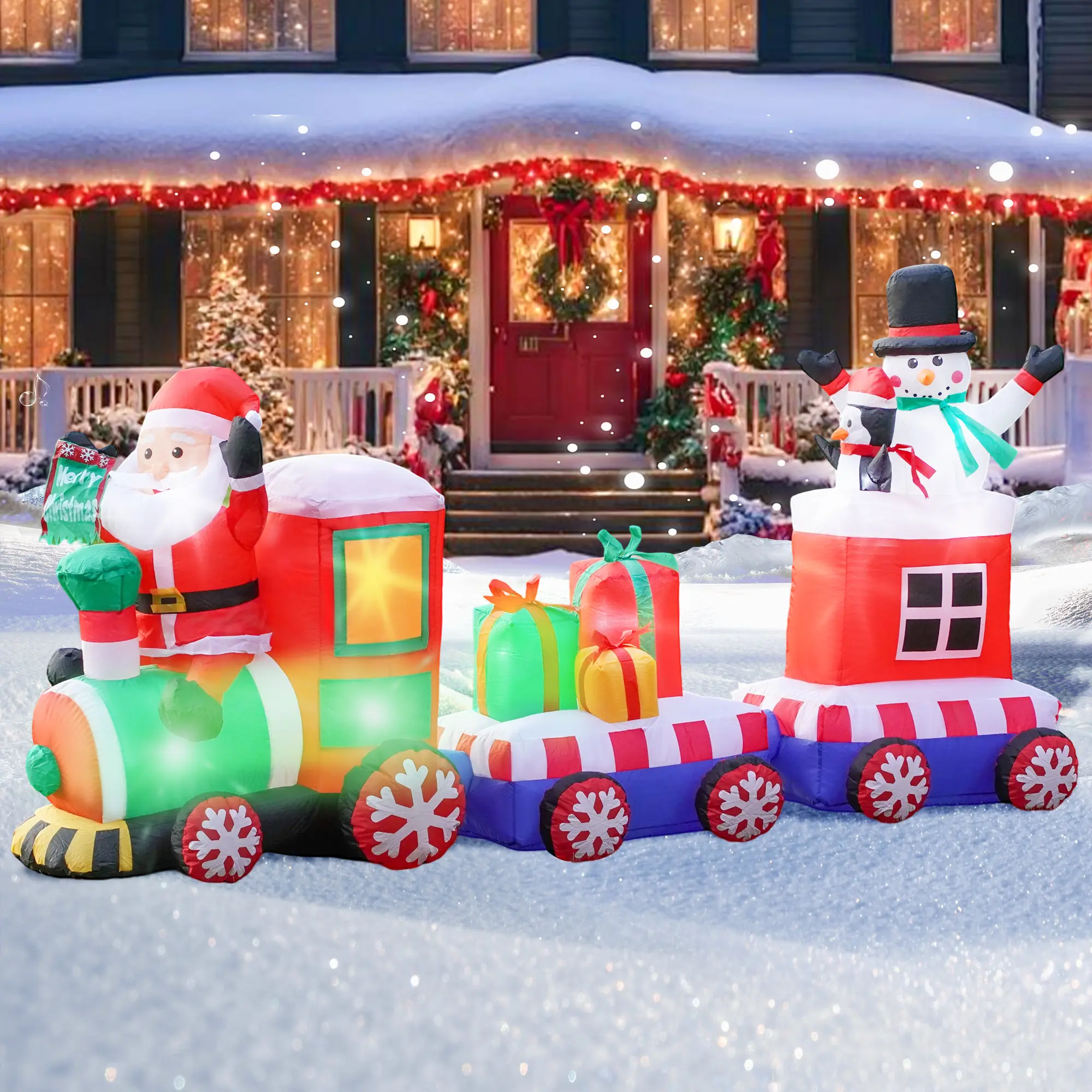 Christmas Inflatable Train Set with Santa Snowman & Penguin Built-in LED Lights Gift Boxes for Outdoor Garden Lawn Yard & Christmas Party Holiday Decorations Ornaments