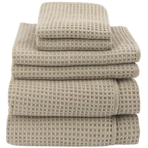 AURA by S&T INC. Towel Set, 6 Piece Set, Premium Waffle Weave, Bath Towels, Wash Cloths and Hand Towels for Bathroom, Kitchen, and Home, Absorbent and Fast Drying Microfiber, 420gsm, 6 Pack, Beige