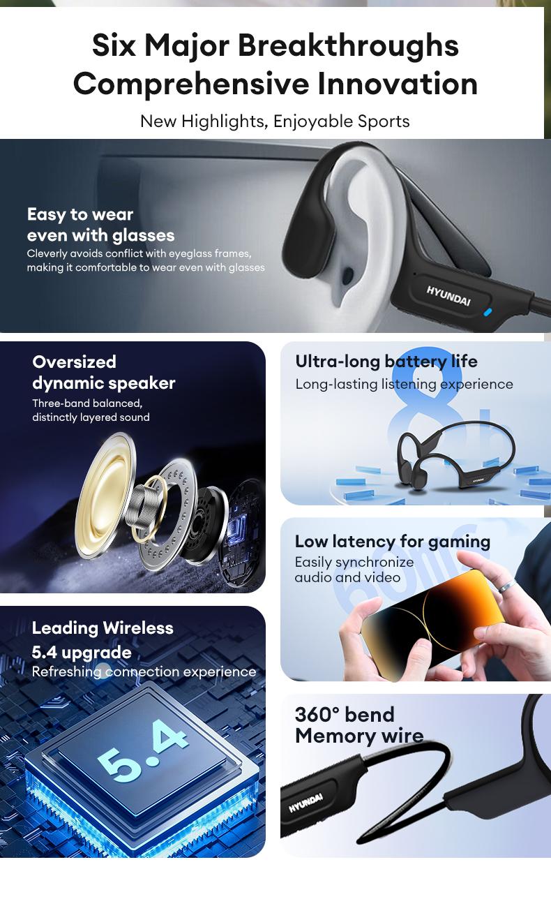 HYUNDAI G06 Bone Conduction Neckband Wireless Earphones with Bluetooth 5.4, Waterproof Sports Design, 360° Flexible Bending, Lightweight & Comfortable Fit, Long Battery Life, Wireless Headphones for Music, Calls & Sports, Compatible with Android & iOS