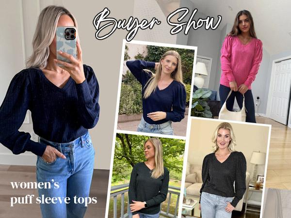 Women's Knit Shirt Soft Puff Long Sleeve Blouse Tops Lightweight V Neck Tunic XS-XXL Casual Winter Fitted Plain Black Thin